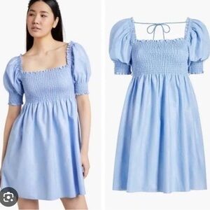 Blue Smocked Puff Sleeve Dress